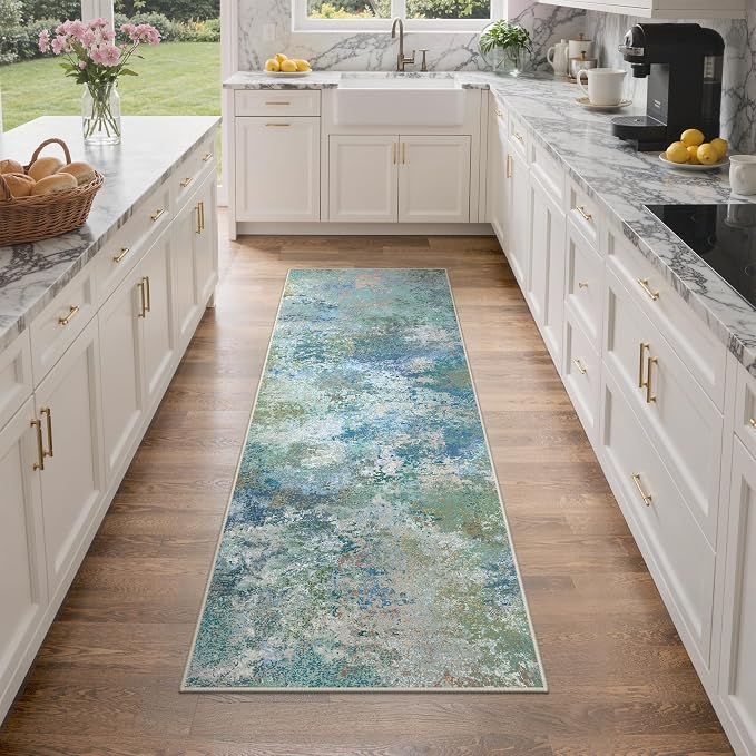 GENIMO Runner Rug Non Slip 2x6, Washable Rug Runner for Hallways Kitchen, Abstract Modern Kitchen Rugs, Low Pile Lightweight Carpet Runners for Entryway, Bedroom, Laundry, Aqua Blue