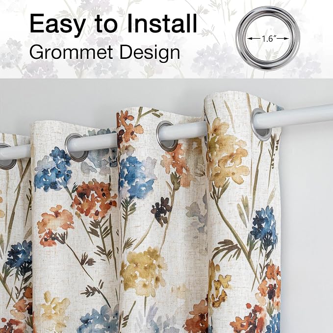 MYSKY HOME 100% Blackout Linen Floral Curtains 63 Inch Long 2 Panels for Bedroom Farmhouse Flower Patterned Double Layer Thermal Insulated Black Out Grommet Window Treatments, Yellow, 52" W Each Panel