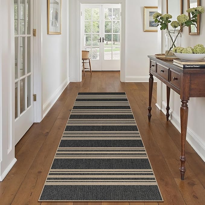 PureCozy Washable Kitchen Runner Rug 2x6 Striped Jute Look Non Slip | Black Farmhouse Design, Indoor Outdoor Hallway Runner for Entryway, Laundry Room and Kitchen, Non Shedding, Easy Care