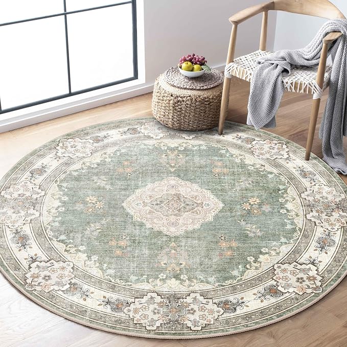 MUJOO Green Round Rug 4ft Small Circle Washable Area Rug Non Slip Floral | Circular Rugs for Bedroom Living Room Entryway Bathroom Bedroom Boho Throw Carpet Soft Low Pile Indoor Flowers Sage Green