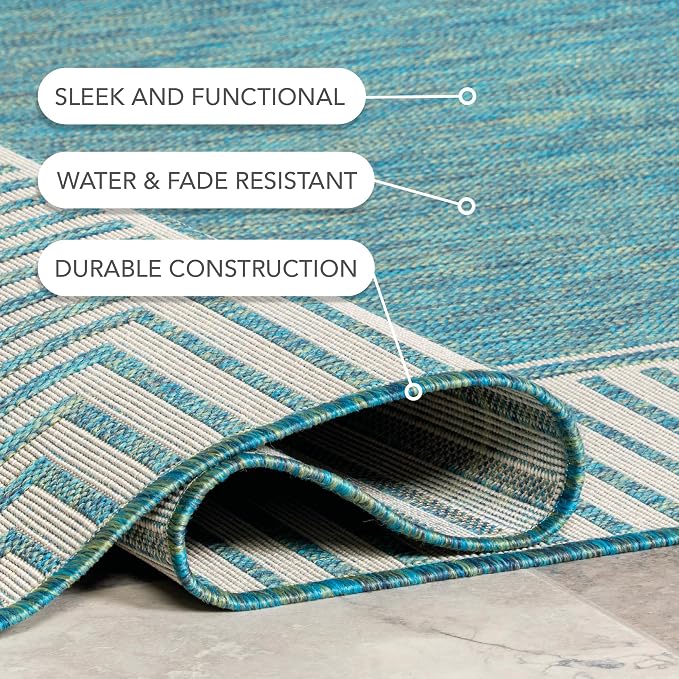 Nuloom Asha Teal/Ivory, 8' x 10', Casual, Striped Border, Soft and Cozy, High Traffic, Easy Clean, Durable Area Rug for Indoor/Outdoor Patio, Deck, Porch, Garden, Courtyard
