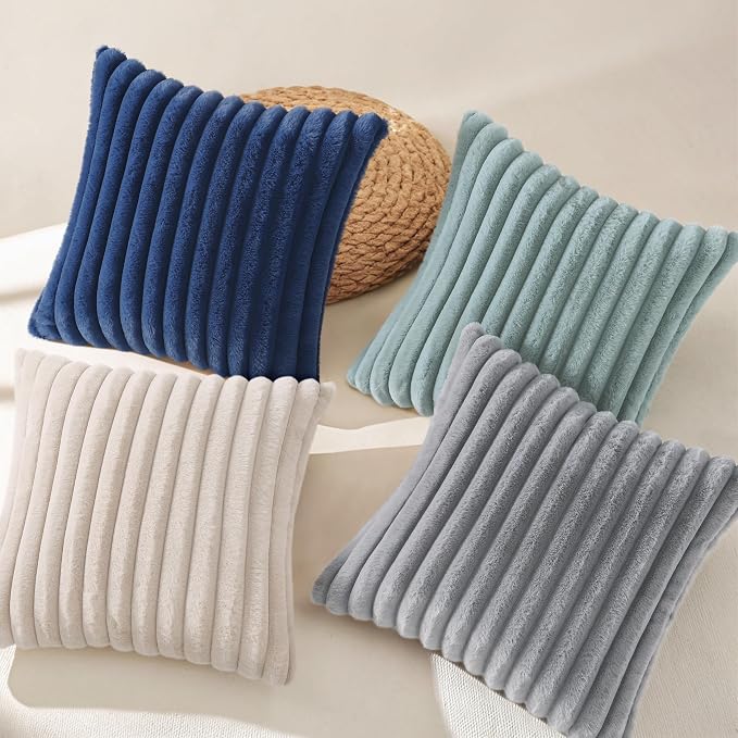 decorUhome Fall Faux Fur Throw Pillow Covers 18x18 Set of 4 Beige/Blue | Decorative Modern Farmhouse Soft Cozy Striped Pillow Cases Velvet Back for Sofa Bed Living Room Classic Accent Home Decor