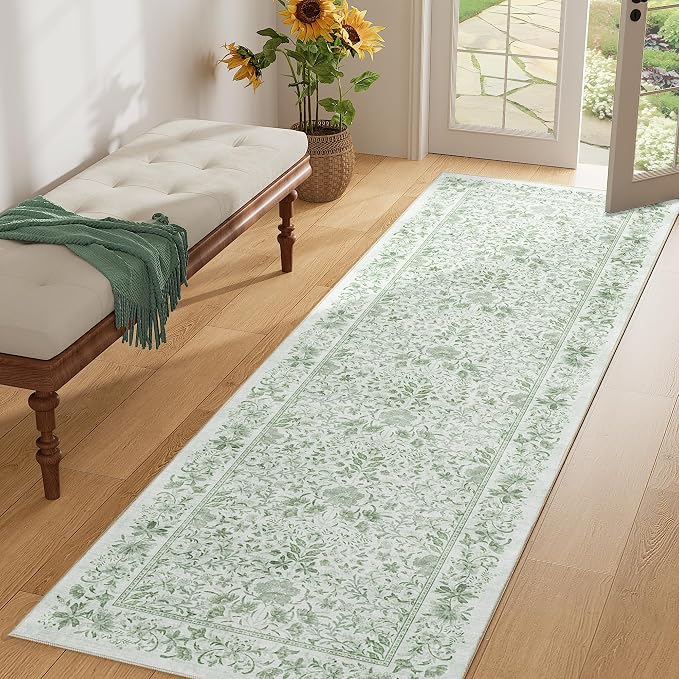 DUKINO 2x6 Runner Rug, Washable Vintage Floral Kitchen Rug, Sage Green | Non Slip, Low Pile, Stain Resistant Boho Soft Throw Carpet Runner for Hallway Bathroom Laundry Bedroom Entryway, Non-Shedding