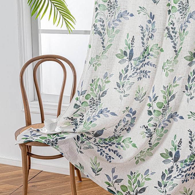 MYSKY HOME Floor to Ceiling Linen Floral Curtains 102 Inch Length 2 Panels Semi Sheer Light Filtering Farmhouse Leaf Printed Window Grommet Drapes for Dining Room, 52" W Each Panel, Green