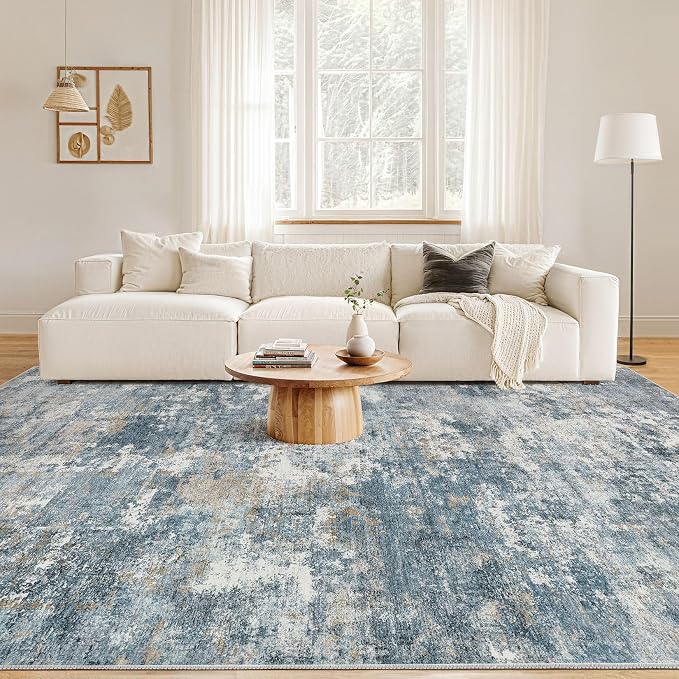Nakagishi 9x12 Area Rugs Living Room: Washable Abstract Large Neutral Soft Rug Stain Resistant Modern Indoor Floor Non-Slip Carpet for Bedroom Nursery Kids Playroom Office Dining Room Dorm-Blue Brown
