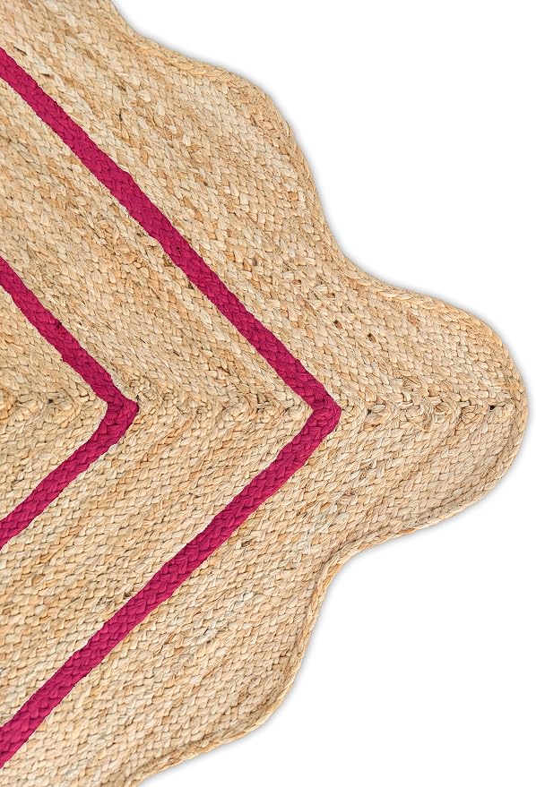 Wave Scalloped Natural Jute Rug Boho Jute Rug Entryway Runner Rug Farmhouse Scallop Rug, Dark Pink (2'6"x20')