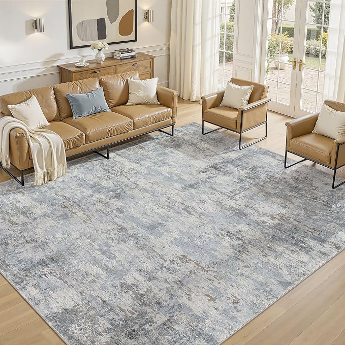 10x12 Large Area Rugs for Living Room, Washable Soft High-Low Pile | Neutral Modern Abstract Carpet, Non Slip Lightweight Made for Dining Room, Nursery, Home Office Indoor Decor - Blue Gray