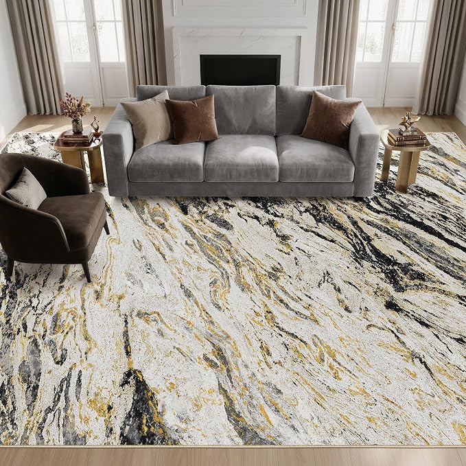 Area Rugs for Living Room: 10X14 Abstract Washable Rug Modern Neutral Large Soft Stain Resistant Non-Slip for Bedroom Dining Room Indoor Home Office Carpet - Black Gold