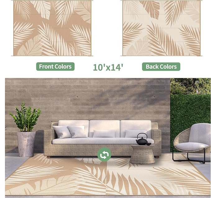GENIMO Outdoor Rug, Waterproof Plastic Rugs 10'x14' for Camping Brown Beige | Outside Larger Leaf Carpet Mat for Porch Decor, Deck, Camping, RV, Backyard, Balcony, Picnic, Beach, Reversible, Foldable