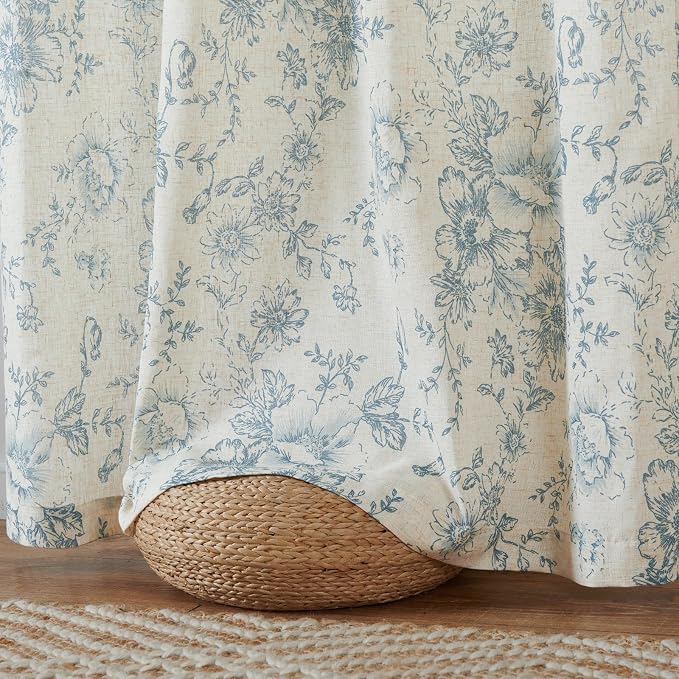 jinchan Blue Floral Linen Curtains 84 Inch Farmhouse Back Tab 2 Panels | Light filtering drapes, semi sheer, farmhouse, cottagecore, rustic, living room, bedroom, rod pocket, window treatment