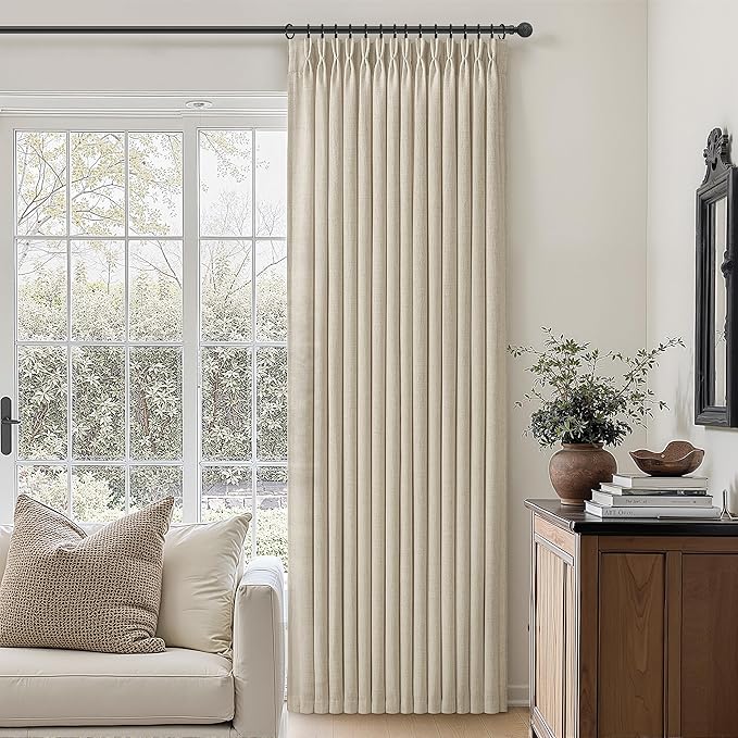 Pleated 132 Inch Extra Long Warm Beige Curtains for Living Room 2 Panels, Memory Trained Thick Linen Semi Sheer Large Windows Drapes Light Filtering 11 FT Length Modern Floor to Ceiling Viral Curtain
