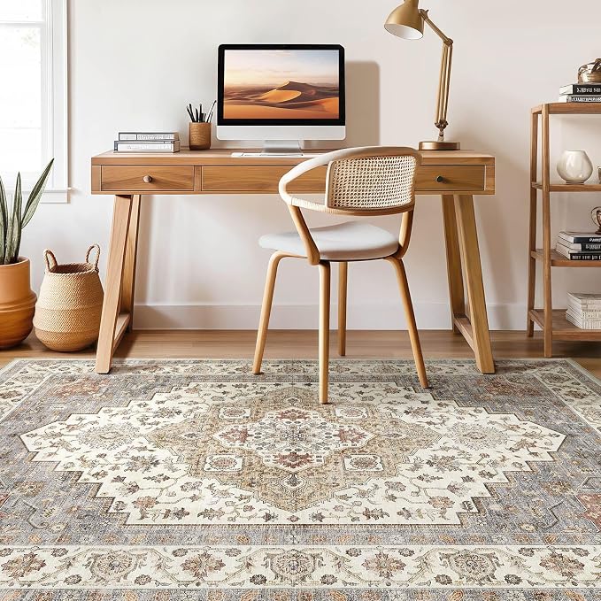 7x10 Area Rug Living Room: Washable Boho Large Neutral Vintage Soft Rugs Stain Resistant Farmhouse Non-Slip Indoor Floor Carpet for Bedroom Nursery Kids Playroom Office Dining Room- Orange Beige