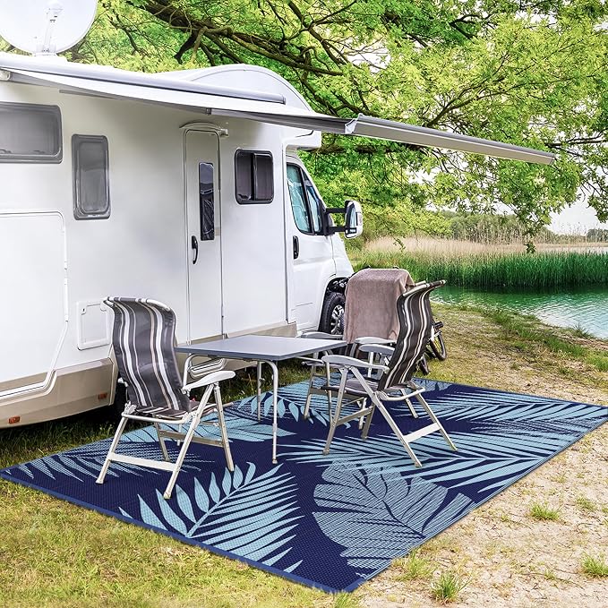 GENIMO Outdoor Rug, Waterproof Plastic Rugs for Patio, 9'x12' Blue | Outside Larger Leaf Carpet Mat for Porch Decor, Deck, Balcony, Camping, RV, Backyard, Picnic, Beach, Reversible, Foldable
