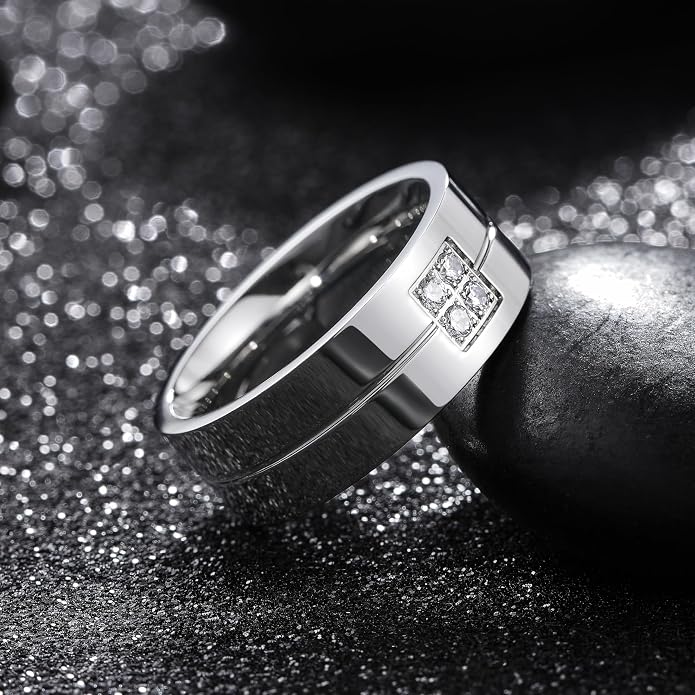 King Will Men's Titanium Wedding Band - 8mm Polished Band with Step Edges and Cross Design Featuring White Zirconia Insets Comfort Fit Size 7-14