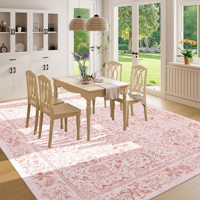 DUKINO 8x10 Area Rugs, Vintage Floral Washable Rug for Living Room, Pink | Non Slip, Low Pile, Non-Shedding, Stain Resistant, Aesthetic Soft Indoor Large Carpet for Bedroom, Dining Room, Farmhouse
