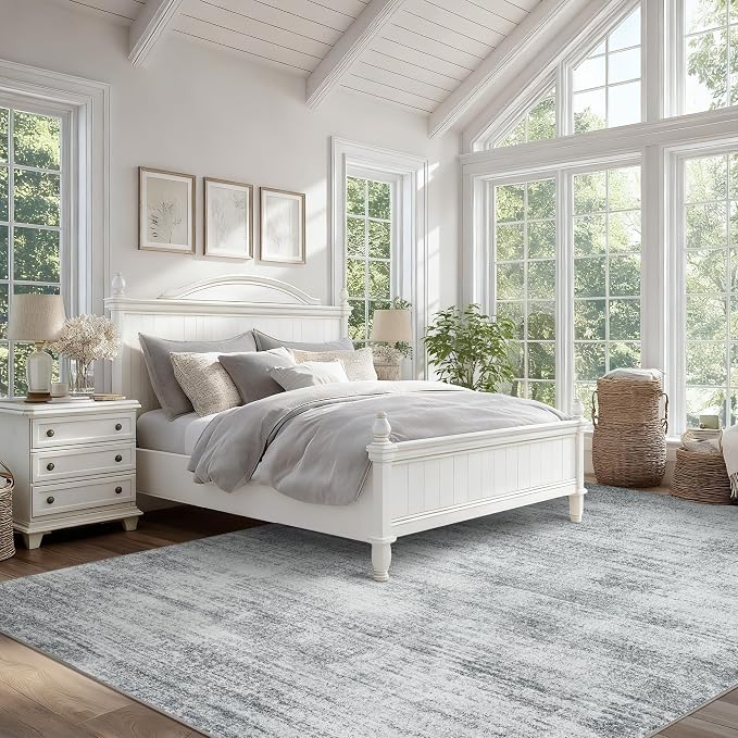 BILEEHOME Grey 6x9 Area Rugs for Offic Room Neutral Non Slip Washable Rug | Gray Floor Carpet, Abstract Modern Bobo, for Bedroom Diningroom, Hardwood Floor Protector, Low Pile, Rubber Backing Foldable