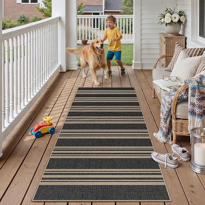 PureCozy Washable Kitchen Runner Rug 2x6 Striped Jute Look Non Slip | Black Farmhouse Design, Indoor Outdoor Hallway Runner for Entryway, Laundry Room and Kitchen, Non Shedding, Easy Care