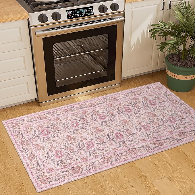 DUKINO 2x4 Rug, Washable Vintage Floral Entryway Rug Non Slip, Pink | Low Pile, Non-Shedding, Stain Resistant Boho Lightweight Soft Indoor Carpet for Kitchen Bathroom Hallway Laundry Farmhouse