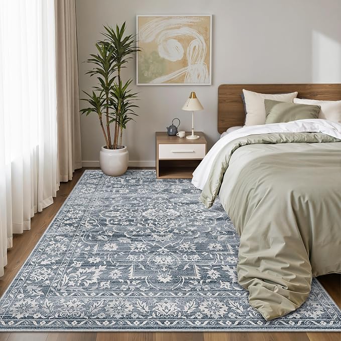 Soalmost 6x9 Area Rugs for Living Room, Washable Bedroom Soft Rug Blue | Vintage Floral Non-Slip Low Pile Stain Resistant Throw Large Neutral Carpet for Dining Room Kitchen Home Office Nursery 6'x9'