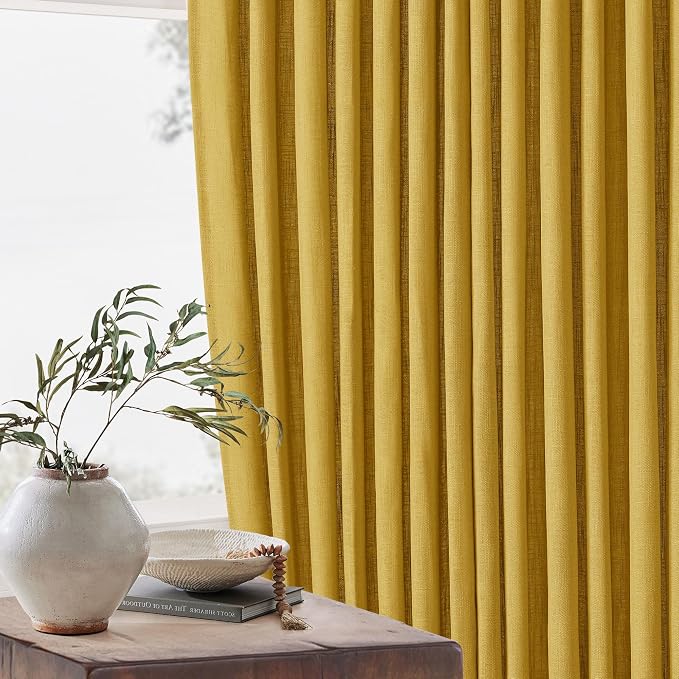 Mustard Yellow Pinch Pleated Linen Sheer Curtains 45 Inch Length 2 Panels | for Kitchen Small Bay Window Basement, Pinch Pleated with Hooks Rings Back Tab, Memory Shape, Thick Linen Semi Sheer, W40xL45