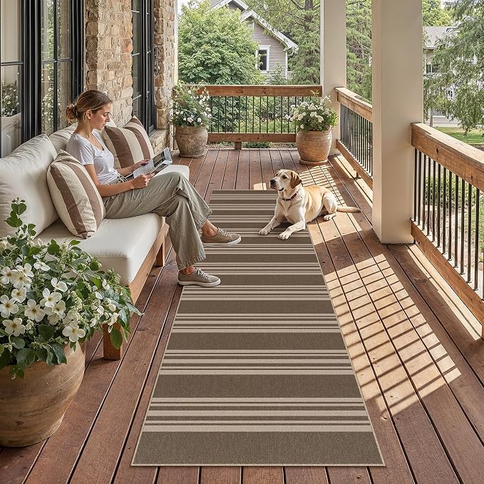 PureCozy Washable Kitchen Runner Rug 2x8 Striped Jute Look Non Slip | 2'6"x8 Brown Stripe Farmhouse Design, Indoor Outdoor Hallway Runner for Entryway, Laundry Room and Kitchen, Non Shedding