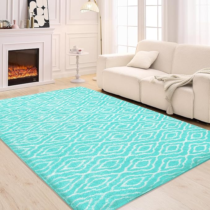 Fluffy Rug for Bedroom, Soft 5x7 Green Shag Plush Geometric Area Rugs | Modern Green and White Rug, Non Slip Carpet for Living Room, Aesthetic Home Decor, Fuzzy Floor Mat for Nursery Teen Dorm