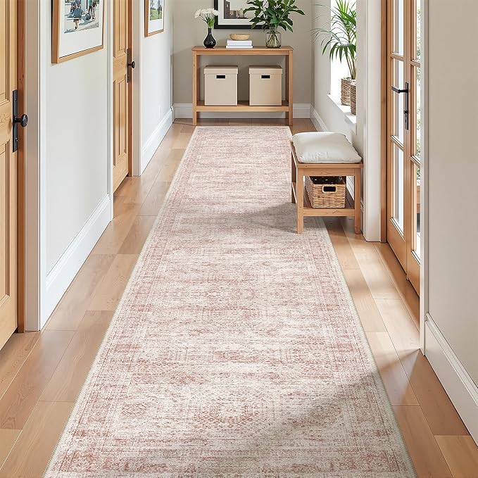 2x10 Runner Rug Non Slip,Washable Hallway Runner Rug,Pink | Long Neutral Rugs for Kitchen,Entryway,Bedroom,Bathroom,Laundry Room,Thin,Soft Runner Rug,Stain Resistant Indoor Carpet