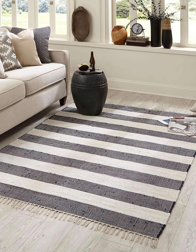 Unique Loom Chindi Rag Collection Area Rug - Striped (12' 2" x 16' 1" Rectangle, Navy Blue/ Ivory)