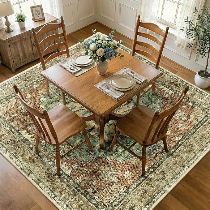 RELEANY Area Rugs Square 8ft Washable Non-Slip, Floral Vintage Distress Medallion Carpet for Living Room Bedroom Dining Room, Terracotta Burnt Orange Green