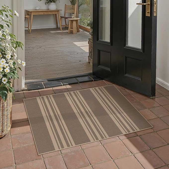 PureCozy Outdoor Rug 2x3 Washable Striped Jute Look Non Slip Mat | Nature Stripe Farmhouse Design, Indoor Outdoor Entryway Door Mat for Kitchen, Mudroom and Bathroom, Non Shedding, Easy Care