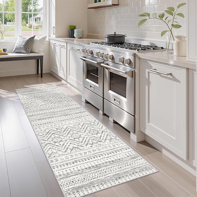 Miukiki 2x5 Hallway Runner Rug Moroccan Washable Kitchen Rug Non Slip Indoor Floor Kitchen Runner Rug Foldable Carpet for Bathroom Laundry Room with Low Pile(Grey,2'x5')