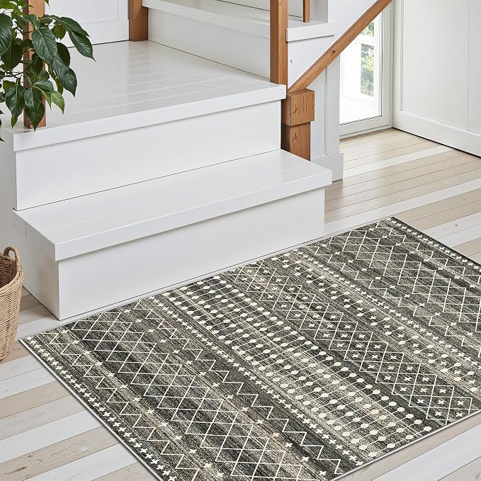 Miukiki 2x3 Entryway Rug Moroccan Washable Non Slip Indoor Floor Carpet Foldable Thin Rug for Dining Room Bedroom with Low Pile(Black,2'x3')
