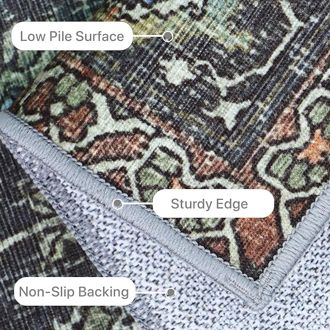 BESBLEE 6X9 Area Rugs Machine Washable Rugs for Living Room, Vintage Boho Large Rugs for Bedroom Dining Room, Non Slip Indoor Soft Distressed Lightweight Thin Low Pile Carpet, Black