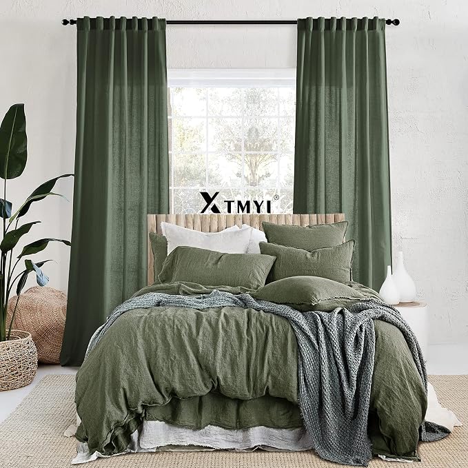 XTMYI 68 Inch Curtains 2 Panel Set,Linen Boho Semi Sheer Curtains for Bedroom Living Room,40x68 in Long,Olive Green