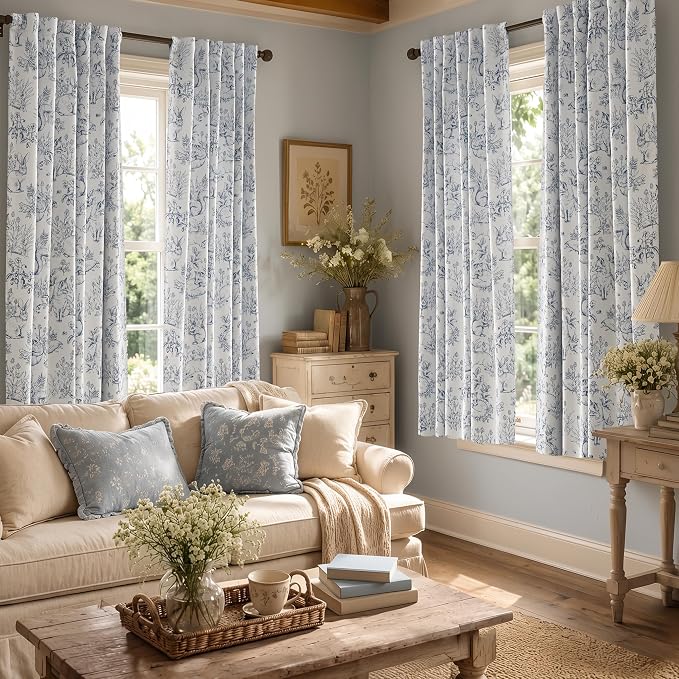 jinchan Blue Blackout Curtains 72 Inch Whimsical Back Tab 2 Panels | Room darkening,nursery kids bedroom,privacy,whimsical,cottagecore,bunny pattern,botanical,nature-inspired decor