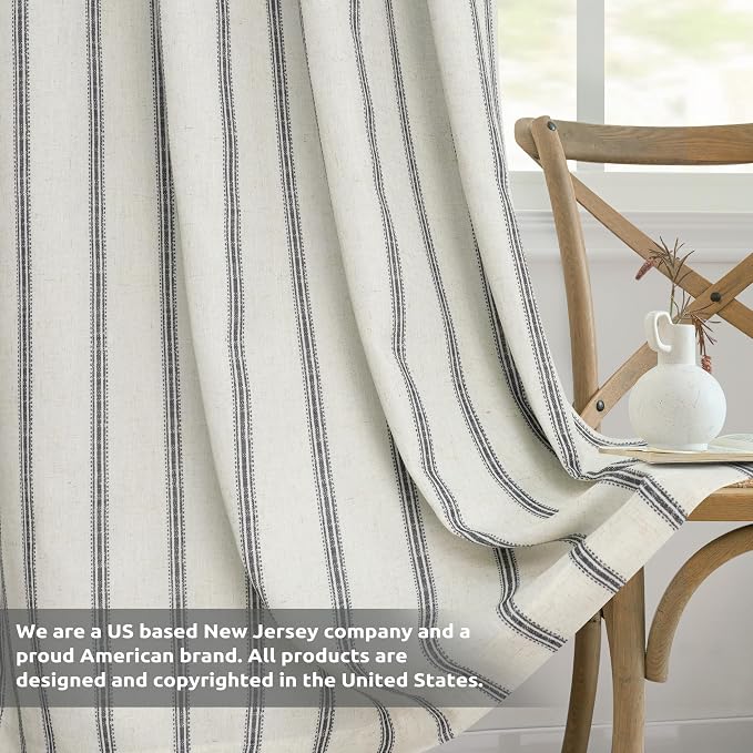 DriftAway Farmhouse Stripe Blackout Curtains, W52xL108, Black | Blackout, Linen Texture, Stripe Pattern, Rod Pocket & Back Tab, Two Layers, Bedroom Living Room Use, Sound Reducing Design
