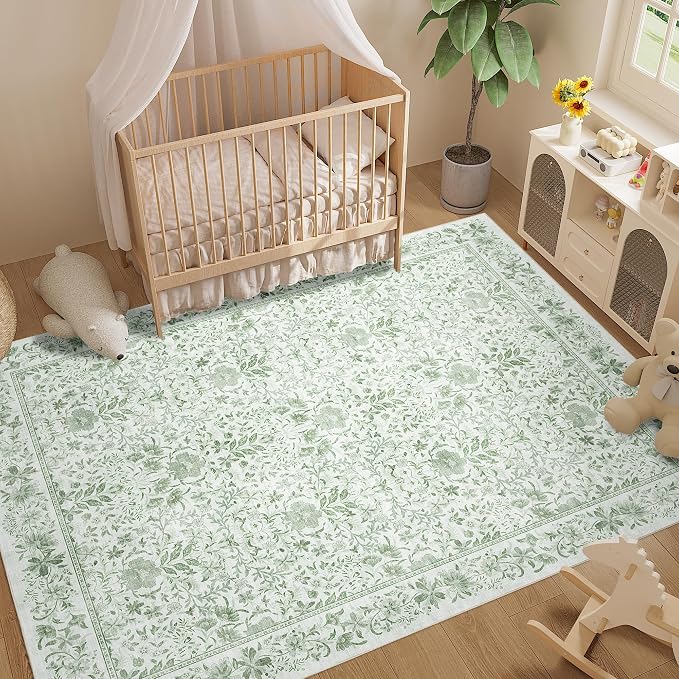 DUKINO 6x9 Area Rug Vintage Floral Washable Rugs for Living Room Sage Green | Non Slip, Low Pile, Non-Shedding, Soft Indoor Large Carpet for Bedroom, Office, Dining Room, Farmhouse, Nursery, Home Decor