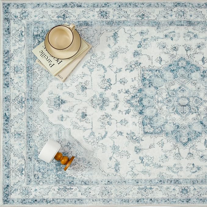 PureCozy Blue Area Rug 4x6 Washable Vintage Carpet for Office Living Room Soft Retro Low Pile Thin Indoor Rug Non Slip Oriental Medallion Floor Cover for Bedroom Kitchen Dining Room