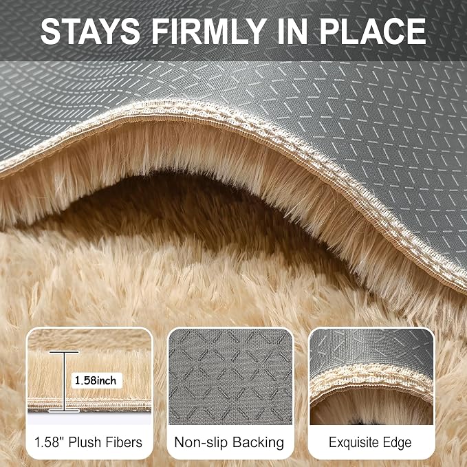 2x6 ft Beige Runner Rugs for Bedroom Living Room, Soft Plush Fluffy Throw Rug Shag Runner Carpet for Hallways Non Slip, Washable Light Beige Rug Carpet for Nursery Kids Girls Room Home Decor