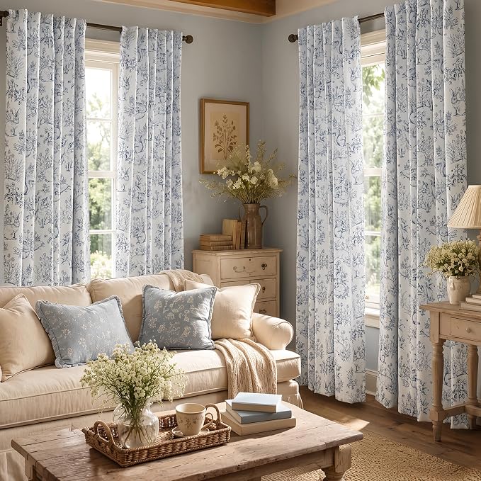 jinchan Blue Blackout Curtains 84 Inch Whimsical Back Tab 2 Panels | Room darkening,nursery kids bedroom,privacy,whimsical,cottagecore,bunny pattern,botanical,nature-inspired decor