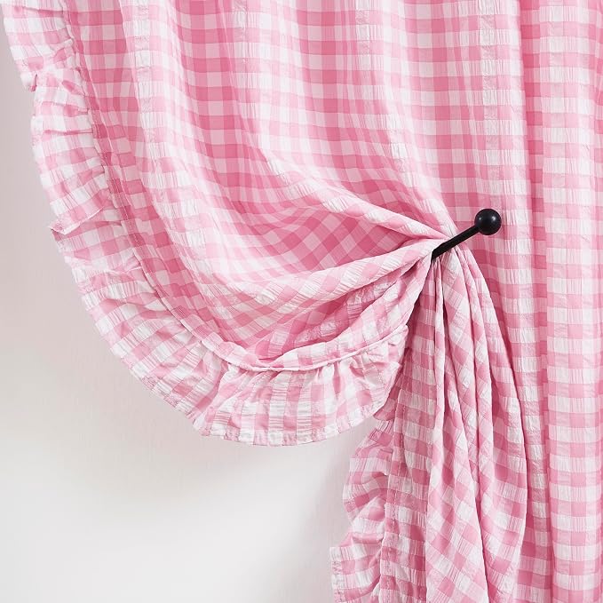 ZJDECOR Light Pink Buffalo Plaid Ruffle Curtains 84 Inch for Girls Room | Crinkled Not-See-Through Sheer Drapes,Shabby Chic Window Treatment,Bedroom Living Room,Rod Pocket,40"Wx84"L,Pack of 2