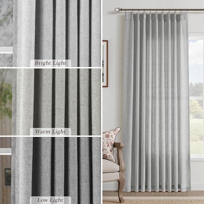 Aersas Light Grey Pinch Pleated Linen Curtains 102 Inch Length 2 Panels for Living Room Bedroom Semi Sheer Window Curtain Boho Neutral Back Tab Pinch Pleat Drape with Hooks 40x102