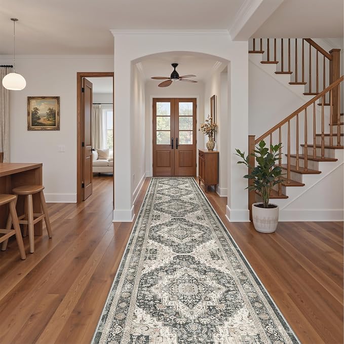 Roxstand Washable 2.6x14 Hallway Runner Rug, Black/Beige | Low-Pile Carpet, Non-slip Backing,14ft Runner, Stain Resistant, Runner for Kitchen, Laundry Room, Entryway, Vintage Design