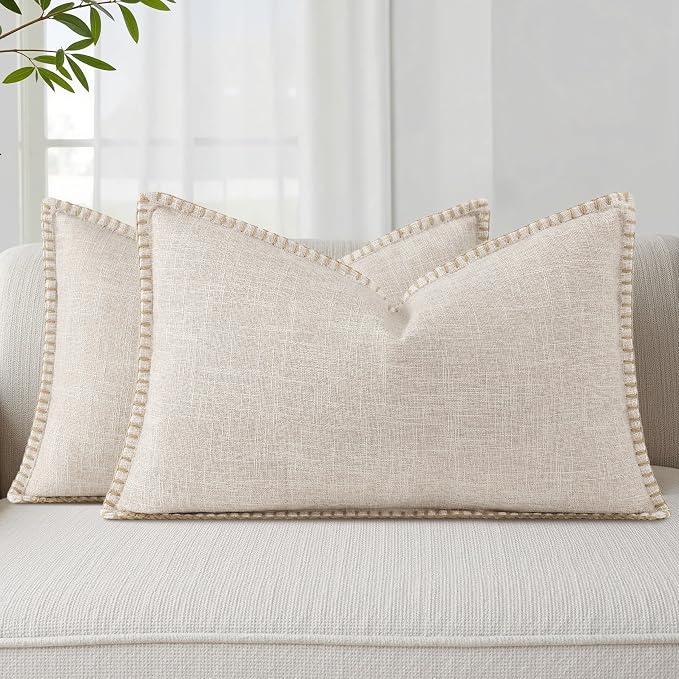 decorUhome Beige Faux Linen Outdoor Throw Pillow Covers 12x20 Set of 2 | Fall Decorative Textured Neutral Modern Farmhouse Pillow Covers with Stitched Edge for Couch Sofa Bed Living Room