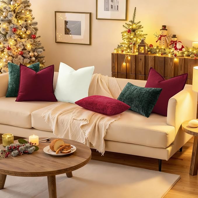 decorUhome Fall Burgundy Linen Throw Pillow Covers 24x24 Set of 2 | Decorative Soft Cozy Modern Farmhouse Boho Accent Pillow Cases with Flange Edges for Couch Bed Sofa Living Room Home Decor