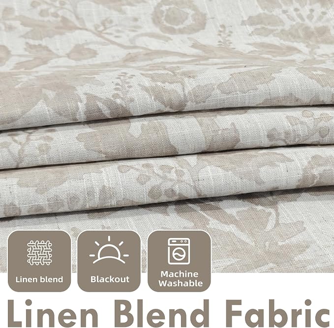 DriftAway Julia 100% Blackout Curtains Grommet 2 Panels, W52xL84, Beige | Floral Curtains, Bedroom, Living Room, Linen Blend, Watercolor Pattern, 2 Layers, Thermal Insulated, Window Treatment