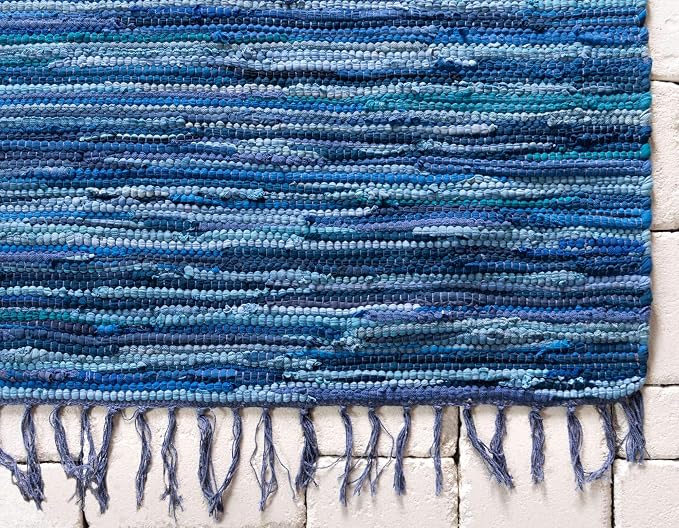 Unique Loom Chindi Cotton Collection Soft Hand Woven Natural Fiber Striped Area Rug, 9 ft x 12 ft, Navy Blue/Ivory