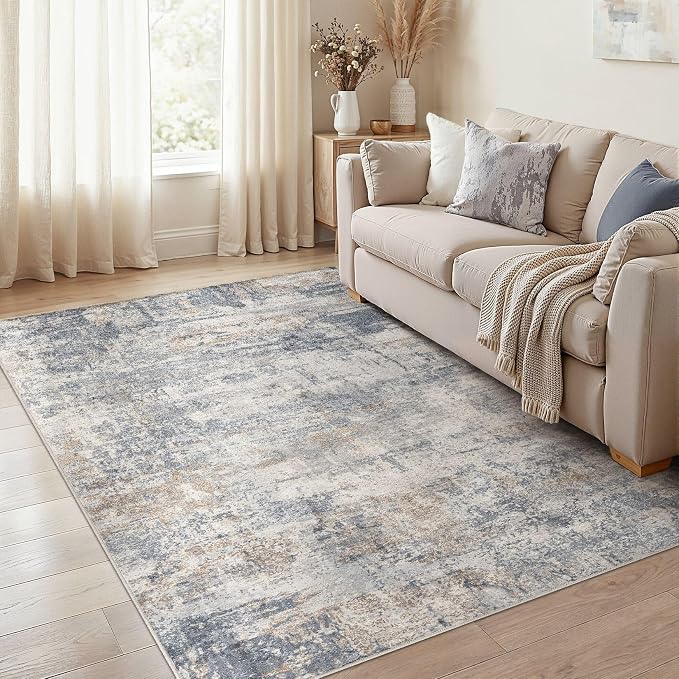 cotiled 6x9 Area Rugs Abstract Soft Non Slip Washable Living Room Rug | Stain Resistant, Robot Vacuum & Pet Friendly, Low-pile, For Living Room, Bedroom, Dining Table, Nursery Blue/Brown