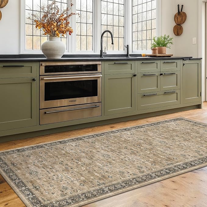 Hazo Haus Soft Taupe 2x7 Runner Rug for Hallway, Natural Runner Rug for Kitchen, Non-Slip Low-Pile Washable Stain Resistant, Vintage Boho Earthy Décor