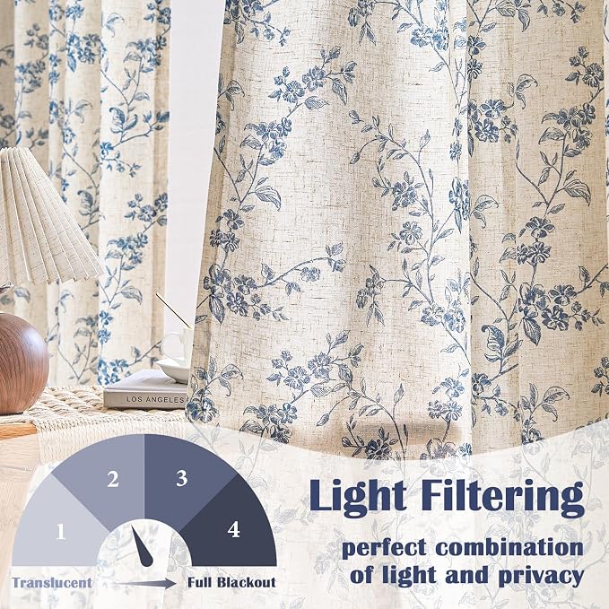 Lazzzy Blue Floral Linen Curtains 63 Inch Farmhouse Back Tab Drapes for Living Room Bedroom Light Filtering Vintage Grandmillennial Rod Pocket Curtains, 2 Panels, W38 x L63, Blue on Beige